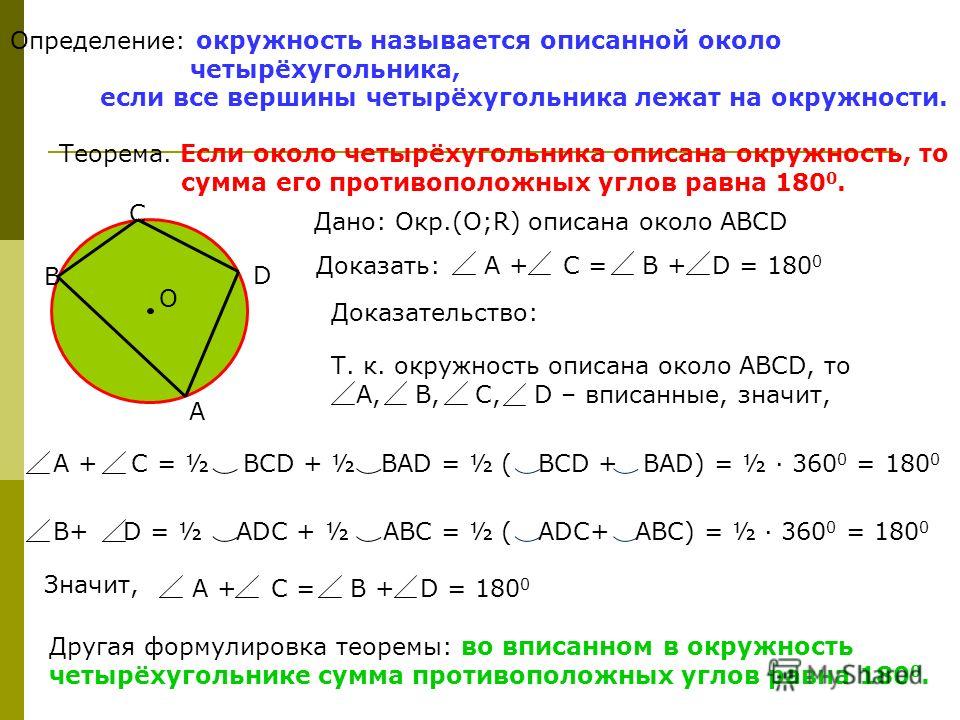 Определение: окружность называется описанной около четырёхугольника, если все вершины четырёхугольника лежат на окружности. Теорема. Если около четырёхугольника описана окружность, то сумма его противоположных углов равна 180 0. Доказательство: Т. к.