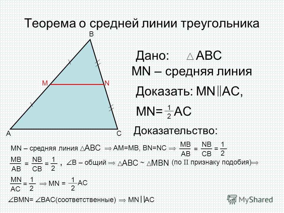 Теорема о средней линии треугольника AC B MN Дано:АВС MN – средняя линия Доказать: MN AC, MN= 1 2 AC Доказательство: МN – средняя линия АВС AM=MB, BN=NC MB AB NB CB = = 1 2 MB AB NB CB = = 1 2, B – общий АВСМВN ~ (по II признаку подобия) MN AC = 1 2 