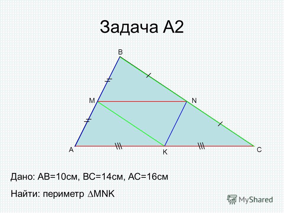 Задача А2 A B C MN K Дано: AB=10cм, ВС=14см, АС=16см Найти: периметр MNK