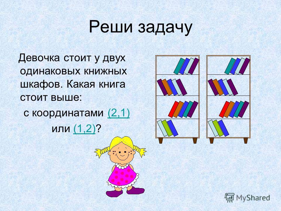 Реши задачу Девочка стоит у двух одинаковых книжных шкафов. Какая книга стоит выше: с координатами (2,1)(2,1) или (1,2)?(1,2)