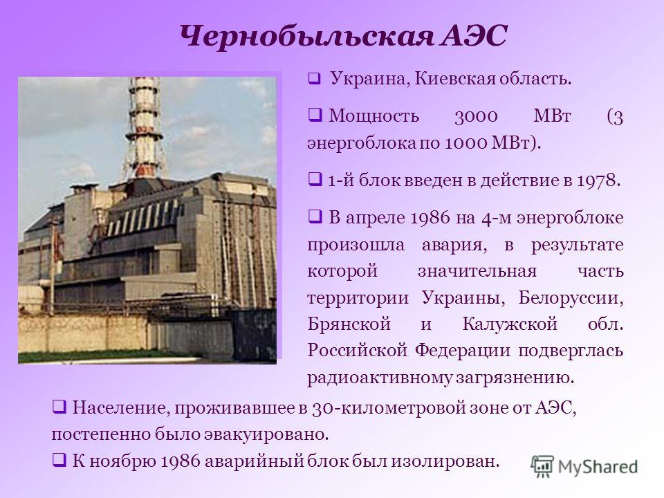 Чернобыльская АЭС Украина, Киевская область. Мощность 3000 МВт (3 энергоблока по 1000 МВт). 1-й блок введен в действие в 1978. В апреле 1986 на 4-м энергоблоке произошла авария, в результате которой значительная часть территории Украины, Белоруссии, 