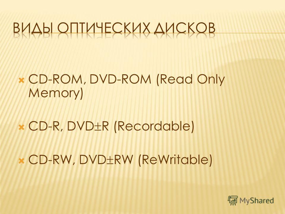CD-ROM, DVD-ROM (Read Only Memory) CD-R, DVD R (Recordable) CD-RW, DVD RW (ReWritable)