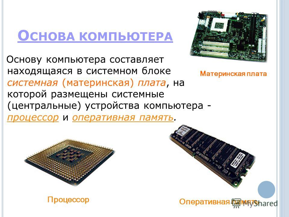 О СНОВА КОМПЬЮТЕРА Основу компьютера составляет находящаяся в системном блоке системная (материнская) плата, на которой размещены системные (центральные) устройства компьютера - процессор и оперативная память. Процессор Материнская плата Оперативная 