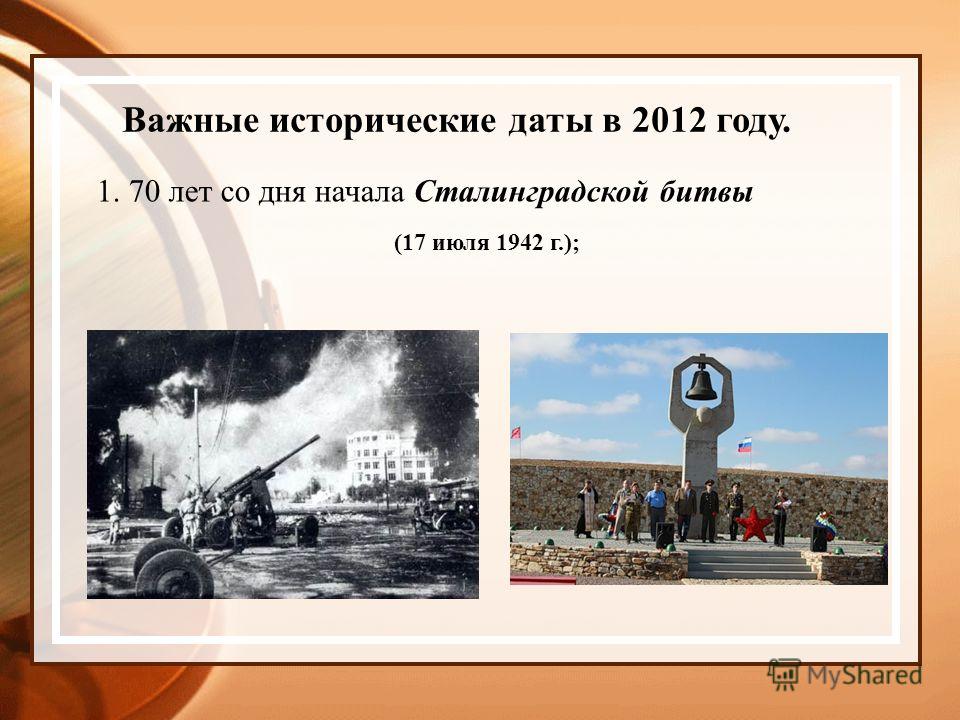 Важные исторические даты в 2012 году. 1. 70 лет со дня начала Сталинградской битвы (17 июля 1942 г.);