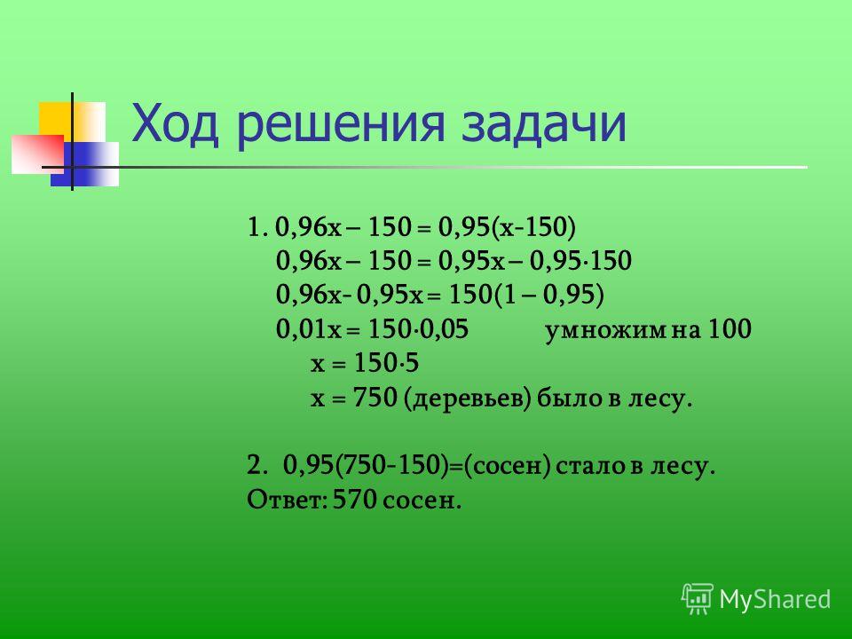 Ход решения задачи 1. 0,96х – 150 = 0,95(х-150) 0,96х – 150 = 0,95х – 0,95150 0,96х- 0,95х = 150(1 – 0,95) 0,01х = 1500,05умножим на 100 х = 1505 х = 750 (деревьев) было в лесу. 2. 0,95(750-150)=(сосен) стало в лесу. Ответ: 570 сосен.