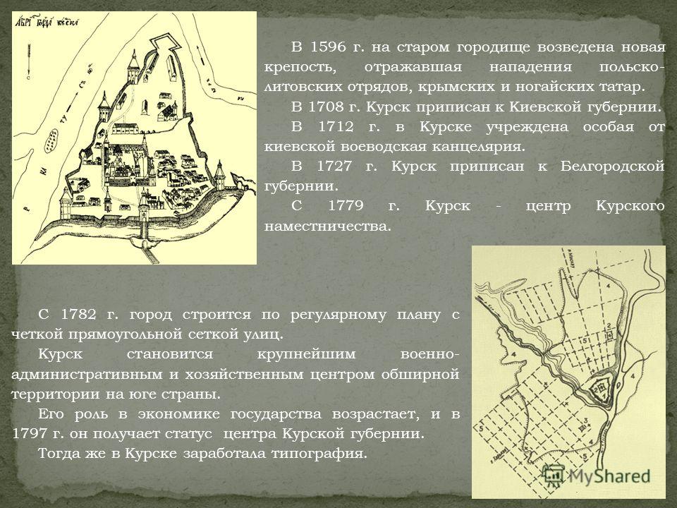 С 1782 г. город строится по регулярному плану с четкой прямоугольной сеткой улиц. Курск становится крупнейшим военно- административным и хозяйственным центром обширной территории на юге страны. Его роль в экономике государства возрастает, и в 1797 г.