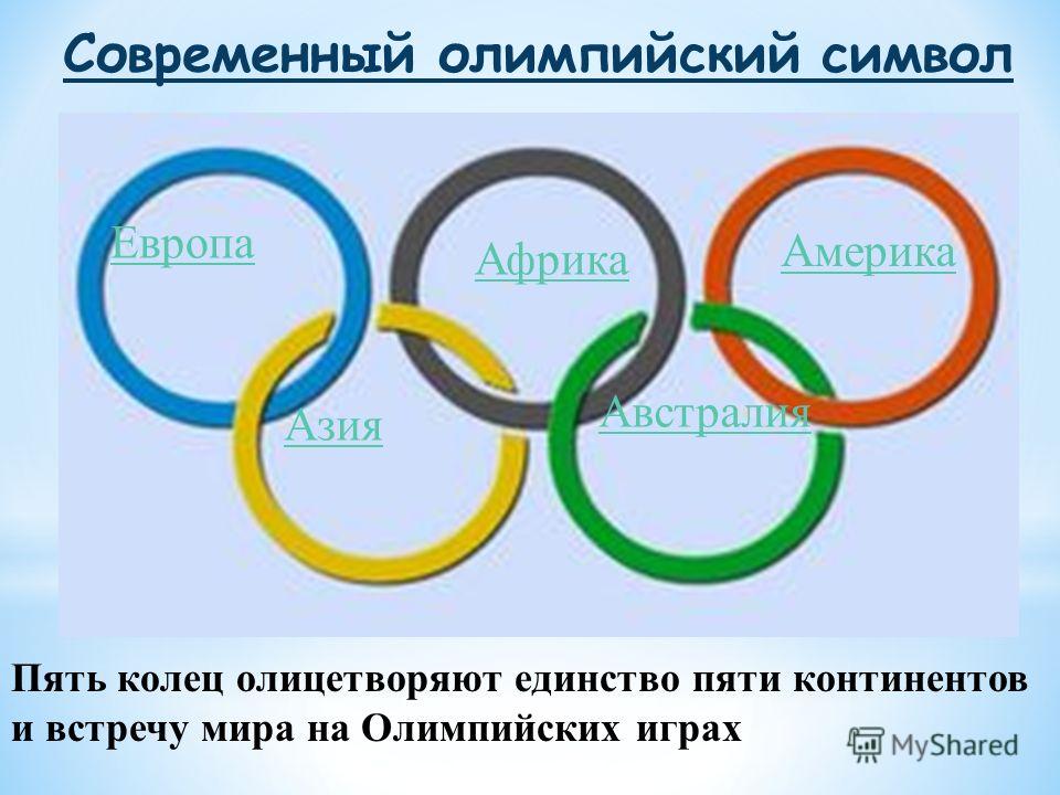 Современный олимпийский символ Пять колец олицетворяют единство пяти континентов и встречу мира на Олимпийских играх Европа Америка Азия Африка Австралия