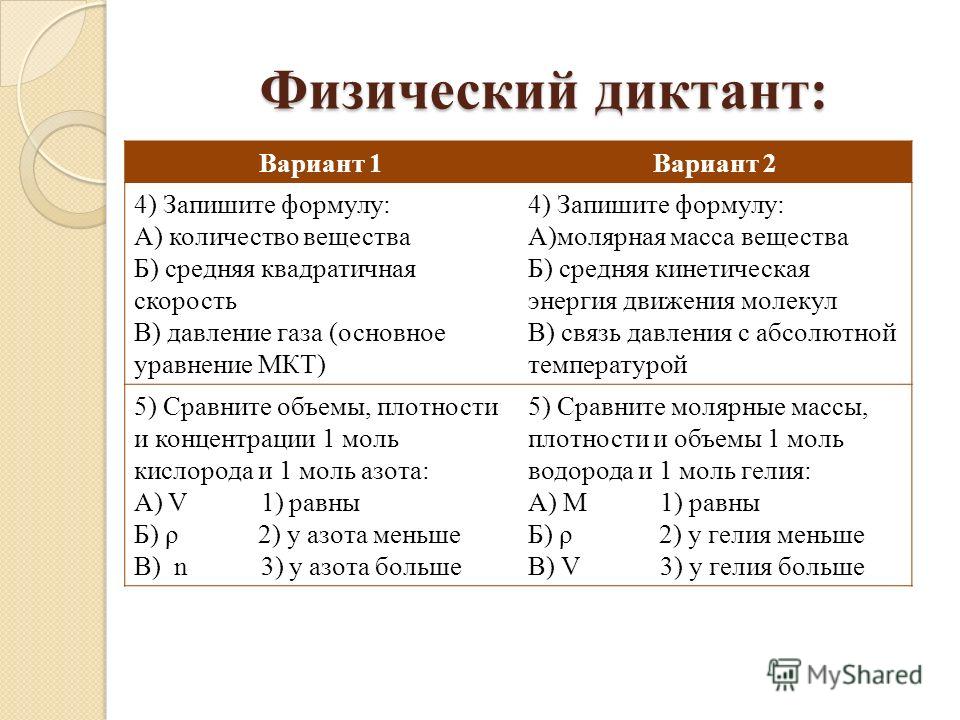 Физический диктант по физике 10 класс