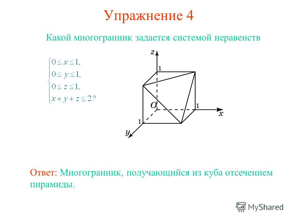 Упражнение 4 Какой многогранник задается системой неравенств Ответ: Многогранник, получающийся из куба отсечением пирамиды.
