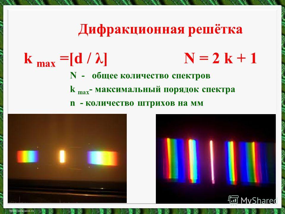 Дифракционная решётка k max =[d / λ] N = 2 k + 1 N - общее количество спектров k max - максимальный порядок спектра n - количество штрихов на мм