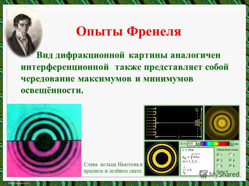 Опыты Френеля Вид дифракционной картины аналогичен интерференционной также представляет собой чередование максимумов и минимумов освещённости. Слева кольца Ньютона в красном и зелёном свете.