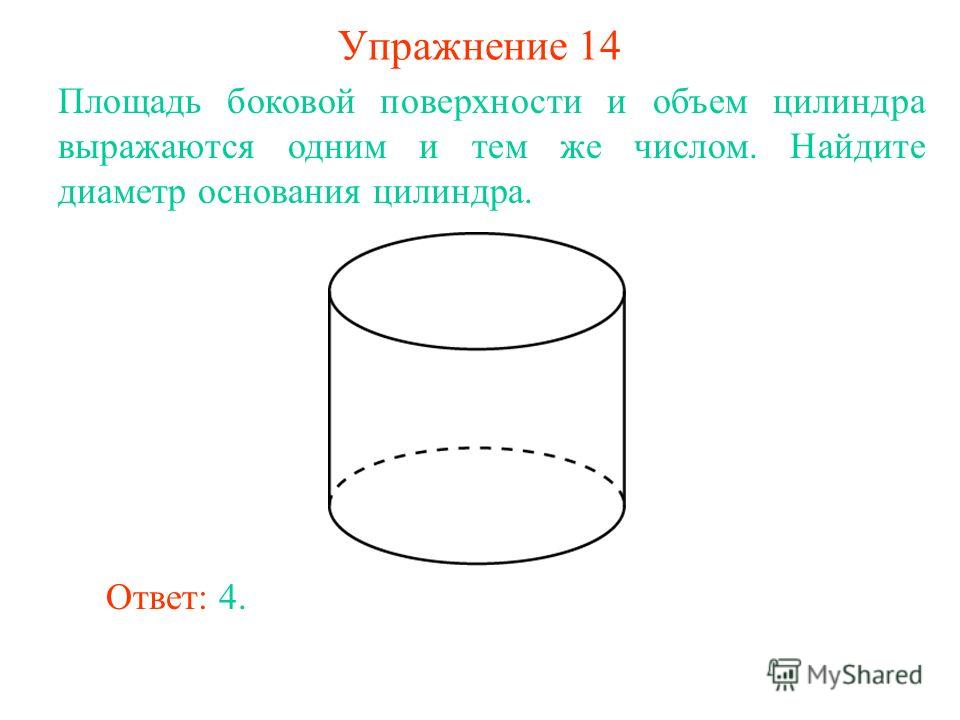 Упражнение 14 Площадь боковой поверхности и объем цилиндра выражаются одним и тем же числом. Найдите диаметр основания цилиндра. Ответ: 4.