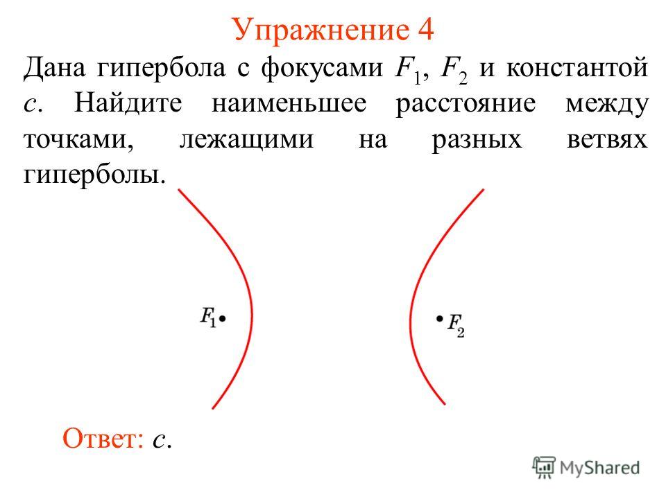Упражнение 4 Дана гипербола с фокусами F 1, F 2 и константой c. Найдите наименьшее расстояние между точками, лежащими на разных ветвях гиперболы. Ответ: c.