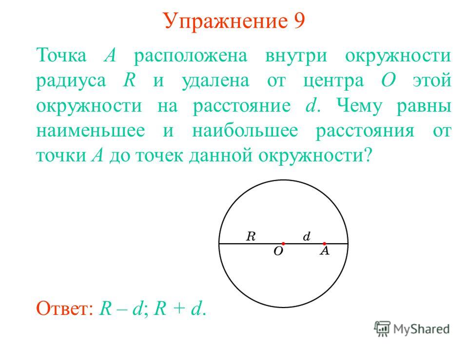 Упражнение 9 Точка A расположена внутри окружности радиуса R и удалена от центра O этой окружности на расстояние d. Чему равны наименьшее и наибольшее расстояния от точки A до точек данной окружности? Ответ: R – d; R + d.