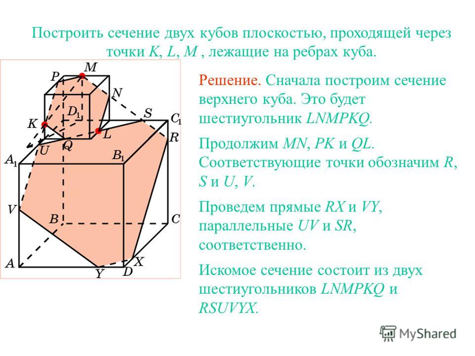 Построить сечение двух кубов плоскостью, проходящей через точки K, L, M, лежащие на ребрах куба. Решение. Сначала построим сечение верхнего куба. Это будет шестиугольник LNMPKQ. Продолжим MN, PK и QL. Соответствующие точки обозначим R, S и U, V. Пров