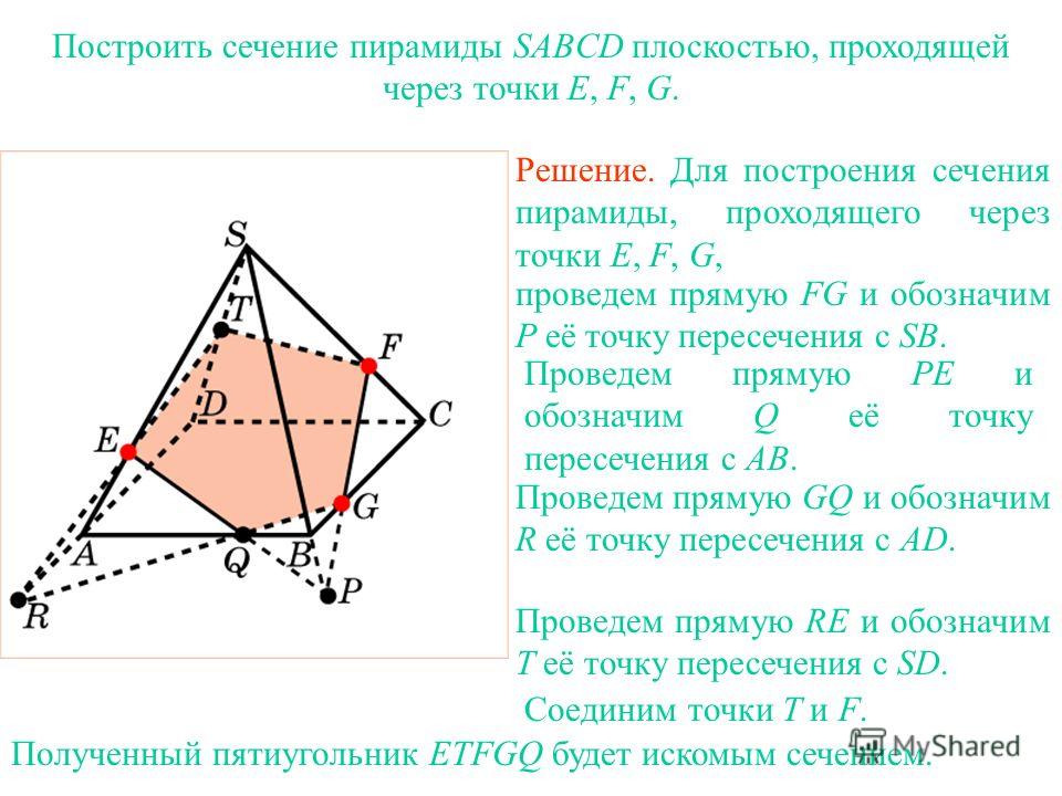 Решение. Для построения сечения пирамиды, проходящего через точки E, F, G, проведем прямую FG и обозначим P её точку пересечения с SB. Проведем прямую PE и обозначим Q её точку пересечения с AB. Построить сечение пирамиды SABCD плоскостью, проходящей