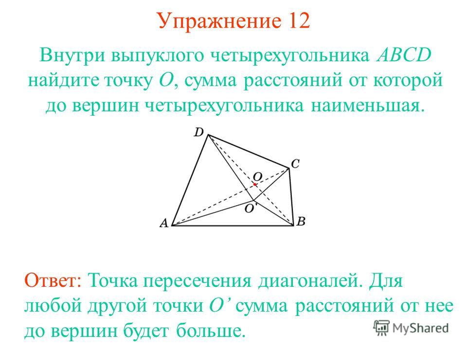 Упражнение 12 Внутри выпуклого четырехугольника ABCD найдите точку O, сумма расстояний от которой до вершин четырехугольника наименьшая. Ответ: Точка пересечения диагоналей. Для любой другой точки O сумма расстояний от нее до вершин будет больше.