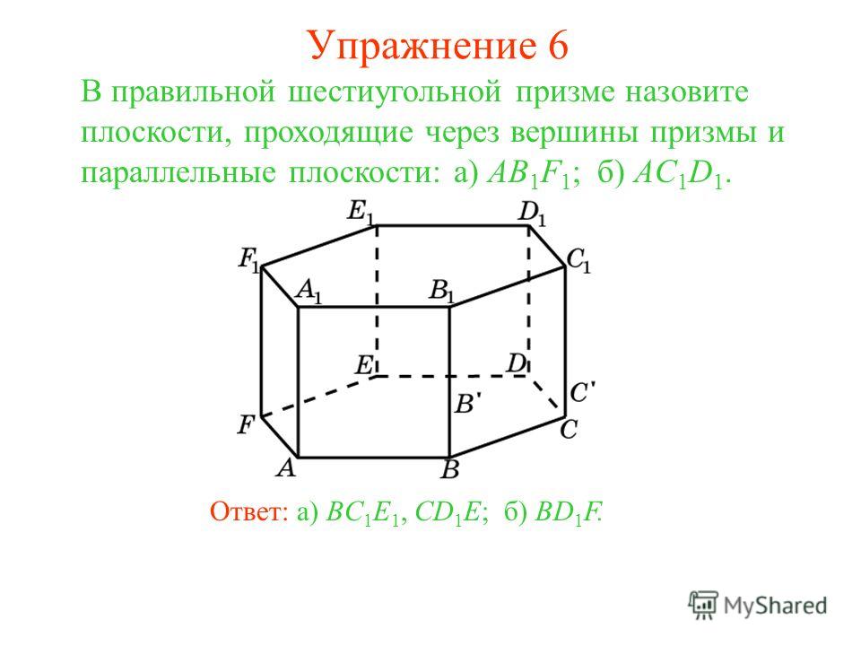 Ответ: а) BC 1 E 1, CD 1 E;б) BD 1 F. В правильной шестиугольной призме назовите плоскости, проходящие через вершины призмы и параллельные плоскости: а) AB 1 F 1 ; б) AC 1 D 1. Упражнение 6