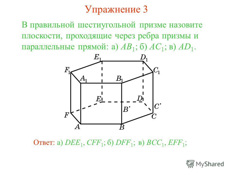 в) BCC 1, EFF 1 ; В правильной шестиугольной призме назовите плоскости, проходящие через ребра призмы и параллельные прямой: а) AB 1 ; б) AC 1 ; в) AD 1. б) DFF 1 ;Ответ: а) DEE 1, CFF 1 ; Упражнение 3