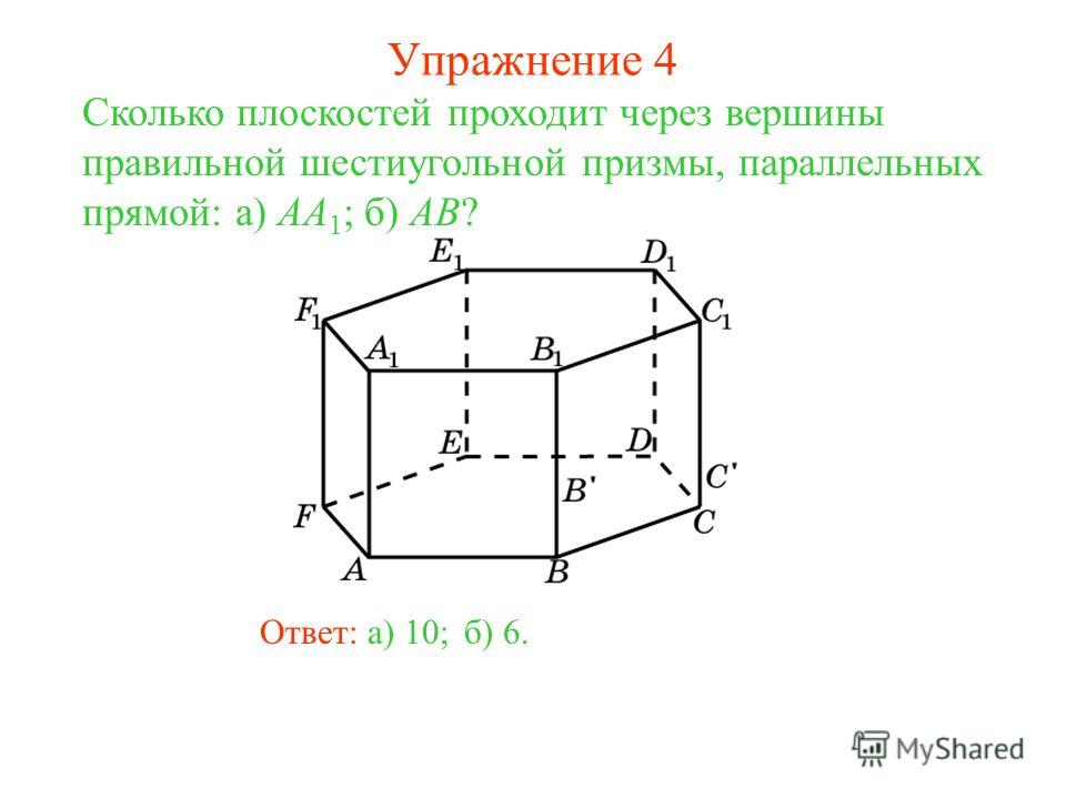 Ответ: а) 10; Сколько плоскостей проходит через вершины правильной шестиугольной призмы, параллельных прямой: а) AA 1 ; б) AB? б) 6. Упражнение 4
