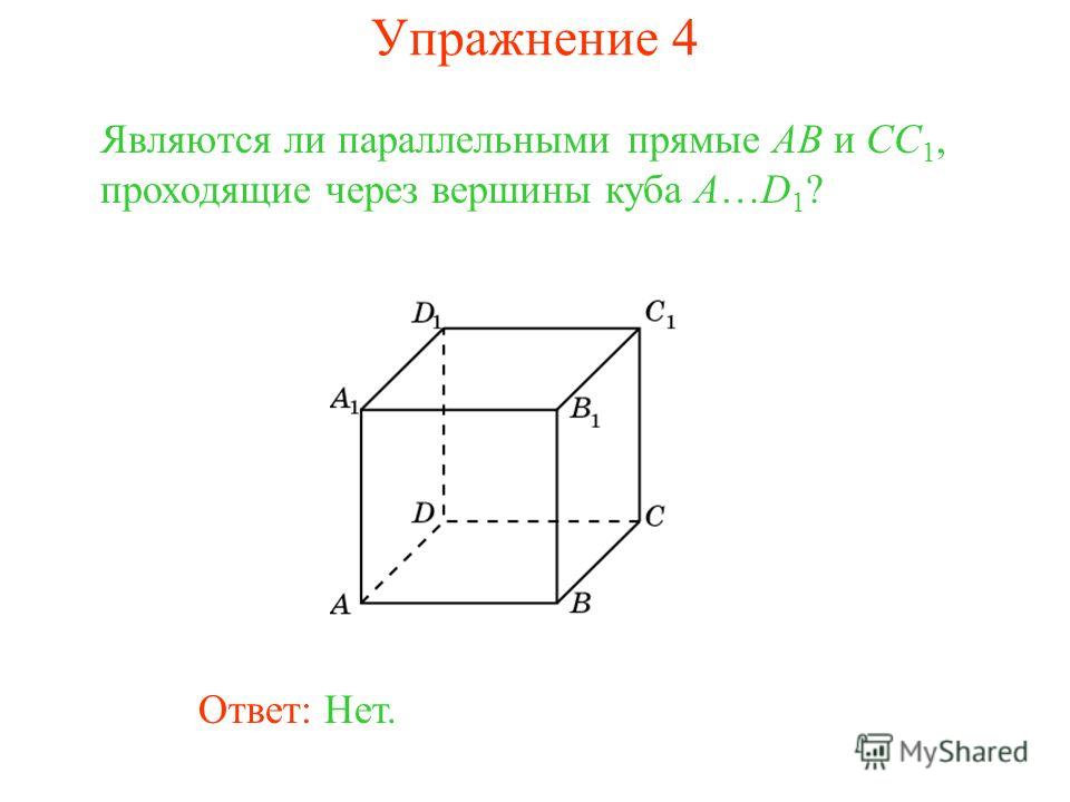 Ответ: Нет. Являются ли параллельными прямые AB и CC 1, проходящие через вершины куба A…D 1 ? Упражнение 4