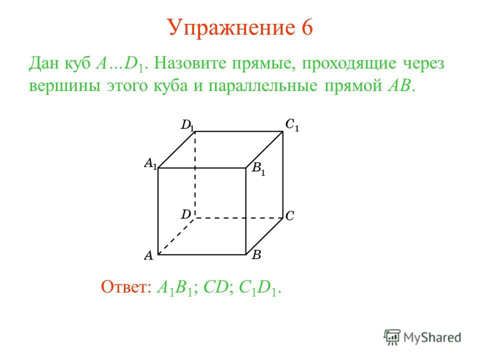 Ответ: A 1 B 1 ; CD; C 1 D 1. Дан куб A…D 1. Назовите прямые, проходящие через вершины этого куба и параллельные прямой AB. Упражнение 6
