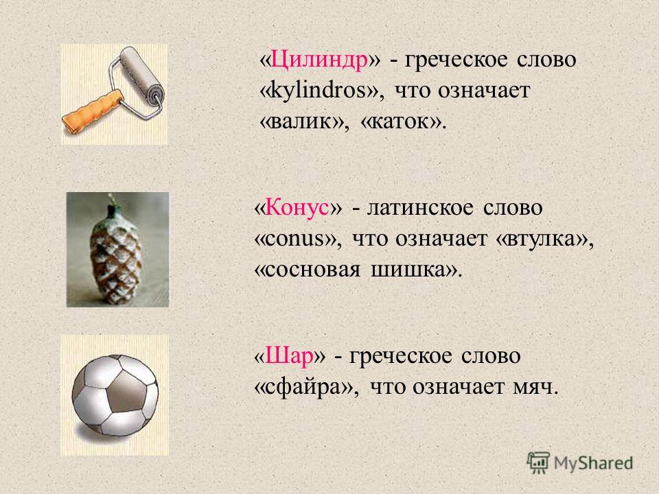 «Цилиндр» - греческое слово «kylindros», что означает «валик», «каток». «Конус» - латинское слово «conus», что означает «втулка», «сосновая шишка». « Шар» - греческое слово «сфайра», что означает мяч.