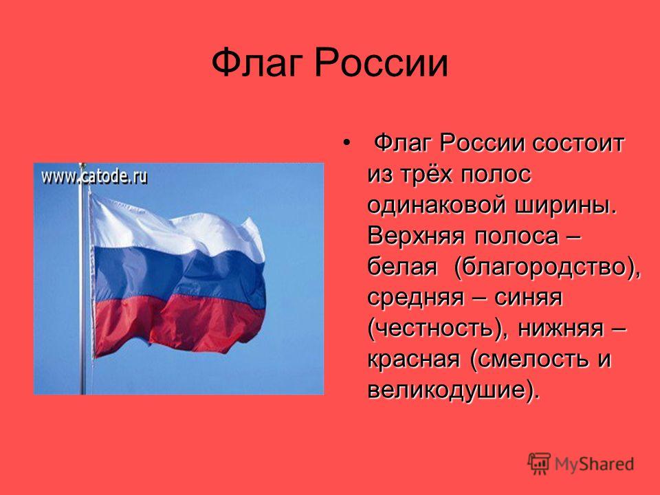 Флаг России Флаг России состоит из трёх полос одинаковой ширины. Верхняя полоса – белая (благородство), средняя – синяя (честность), нижняя – красная (смелость и великодушие).