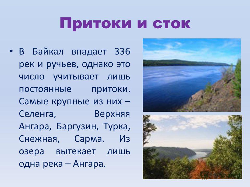 Притоки и сток В Байкал впадает 336 рек и ручьев, однако это число учитывает лишь постоянные притоки. Самые крупные из них – Селенга, Верхняя Ангара, Баргузин, Турка, Снежная, Сарма. Из озера вытекает лишь одна река – Ангара.