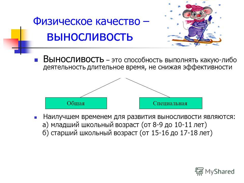 Физическое качество – выносливость Выносливость – это способность выполнять какую-либо деятельность длительное время, не снижая эффективности Наилучшем временем для развития выносливости являются: а) младший школьный возраст (от 8-9 до 10-11 лет) б) 