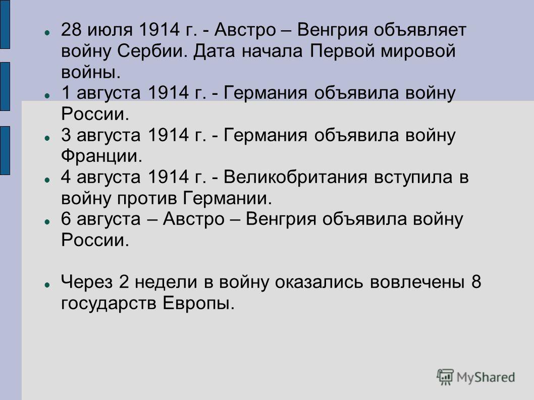 G 28 июля 1914 г. - Австро – Венгрия объявляет войну Сербии. Дата начала Первой мировой войны. 1 августа 1914 г. - Германия объявила войну России. 3 августа 1914 г. - Германия объявила войну Франции. 4 августа 1914 г. - Великобритания вступила в войн