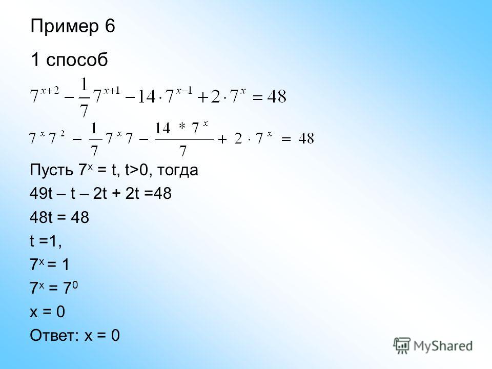 Пример 6 1 способ Пусть 7 x = t, t>0, тогда 49t – t – 2t + 2t =48 48t = 48 t =1, 7 x = 1 7 x = 7 0 x = 0 Ответ: x = 0