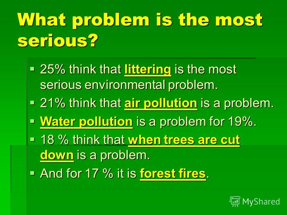 What problem is the most serious? 25% think that littering is the most serious environmental problem. 25% think that littering is the most serious environmental problem. 21% think that air pollution is a problem. 21% think that air pollution is a pro
