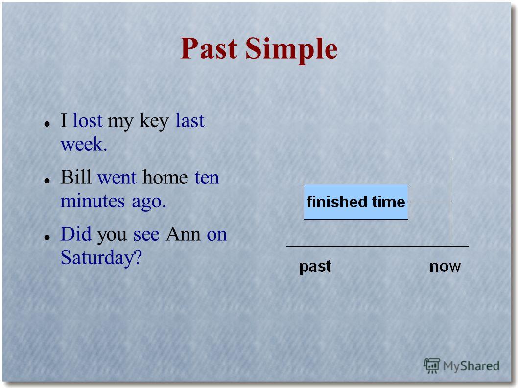 Past Simple I lost my key last week. Bill went home ten minutes ago. Did you see Ann on Saturday?