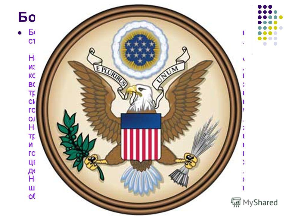 Большая печать США Большая печать США, в отличие от гербов большинства стран мира, имеет две стороны. На лицевой стороне (аверсе) Большой печати США изображен один из символов США, белоголовый орлан, который держит в одной лапе тринадцать стрел, симв