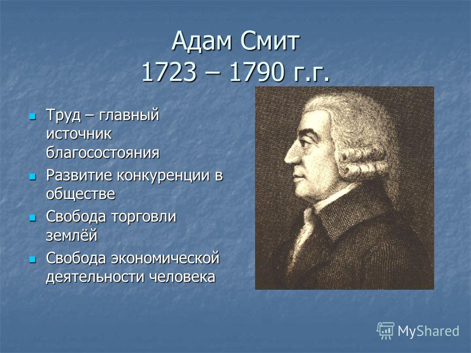 Адам Смит 1723 – 1790 г.г. Труд – главный источник благосостояния Труд – главный источник благосостояния Развитие конкуренции в обществе Развитие конкуренции в обществе Свобода торговли землёй Свобода торговли землёй Свобода экономической деятельност