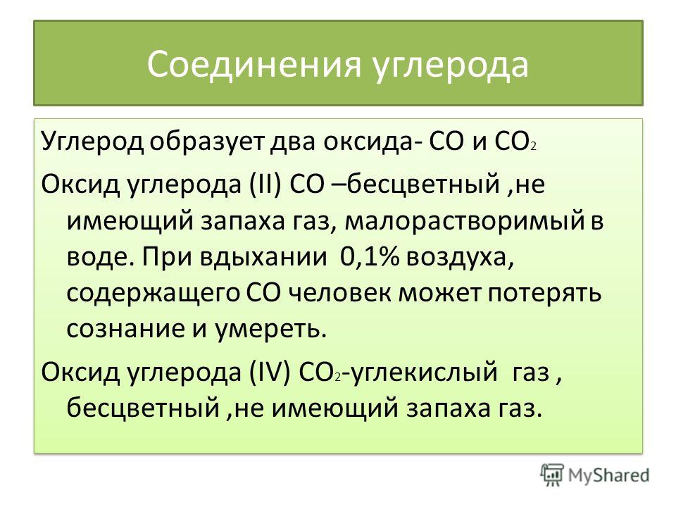 Соединения углерода Углерод образует два оксида- СО и СО 2 Оксид углерода (II) CO –бесцветный,не имеющий запаха газ, малорастворимый в воде. При вдыхании 0,1% воздуха, содержащего СО человек может потерять сознание и умереть. Оксид углерода (IV) CO 2