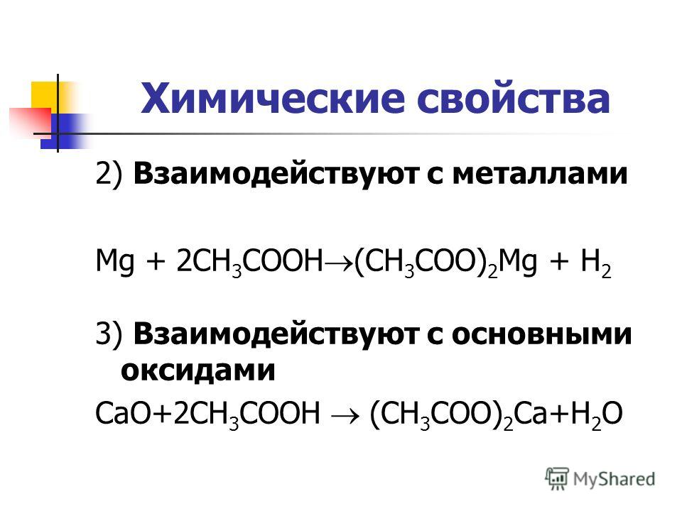 Химические свойства 2) Взаимодействуют с металлами Mg + 2CH 3 COOH (CH 3 COO) 2 Mg + H 2 3) Взаимодействуют с основными оксидами CaO+2CH 3 COOH (CH 3 COO) 2 Ca+H 2 O