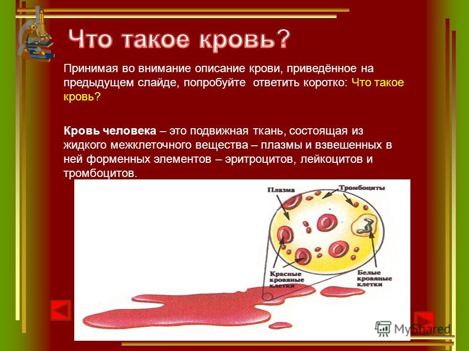 Принимая во внимание описание крови, приведённое на предыдущем слайде, попробуйте ответить коротко: Что такое кровь? Кровь человека – это подвижная ткань, состоящая из жидкого межклеточного вещества – плазмы и взвешенных в ней форменных элементов – э