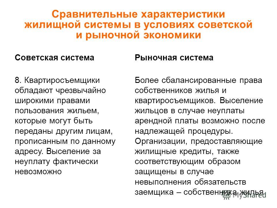 Сравнительные характеристики жилищной системы в условиях советской и рыночной экономики Советская системаРыночная система 8. Квартиросъемщики обладают чрезвычайно широкими правами пользования жильем, которые могут быть переданы другим лицам, прописан