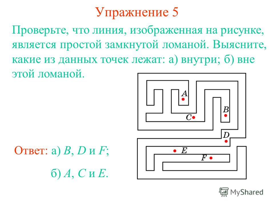 Упражнение 5 Проверьте, что линия, изображенная на рисунке, является простой замкнутой ломаной. Выясните, какие из данных точек лежат: а) внутри; б) вне этой ломаной. Ответ: а) B, D и F; б) A, C и E.
