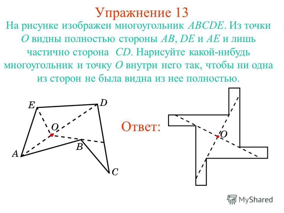 Упражнение 13 На рисунке изображен многоугольник ABCDE. Из точки O видны полностью стороны AB, DE и AE и лишь частично сторона CD. Нарисуйте какой-нибудь многоугольник и точку O внутри него так, чтобы ни одна из сторон не была видна из нее полностью.