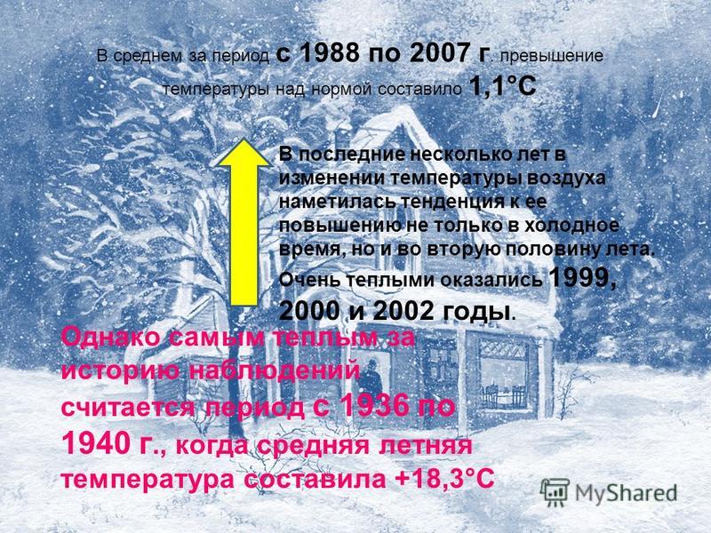 В среднем за период с 1988 по 2007 г. превышение температуры над нормой составило 1,1°С В последние несколько лет в изменении температуры воздуха наметилась тенденция к ее повышению не только в холодное время, но и во вторую половину лета. Очень тепл