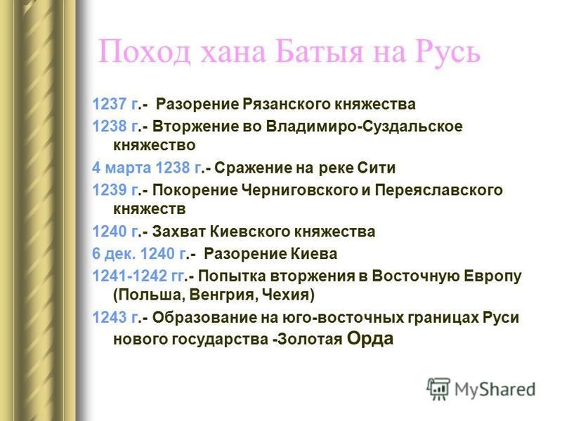 Хронологическая таблица основных походов батыя