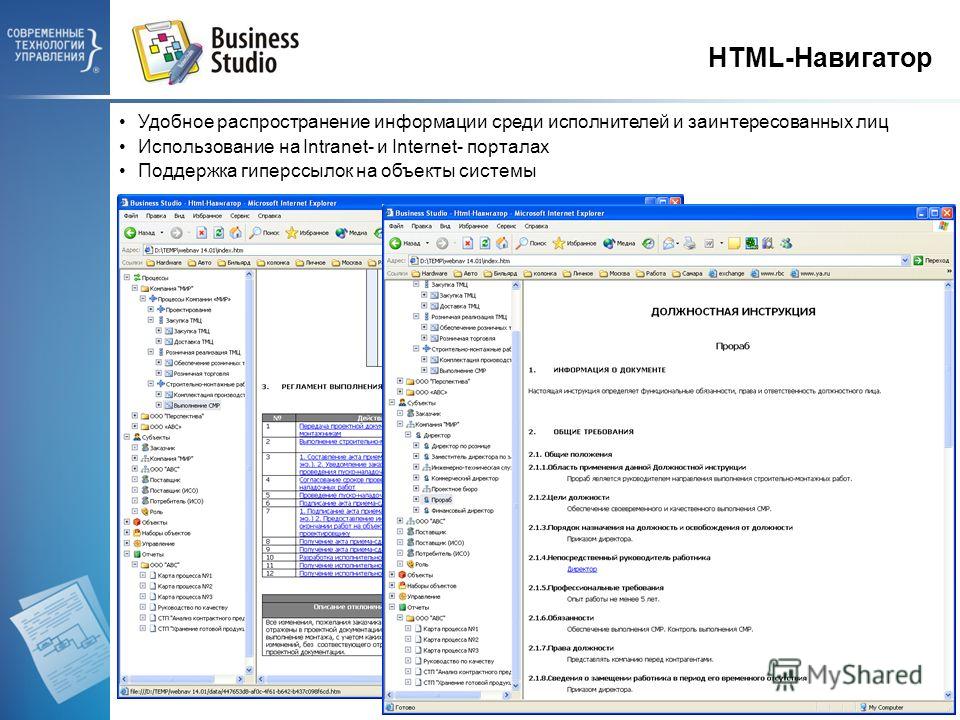 HTML-Навигатор Удобное распространение информации среди исполнителей и заинтересованных лиц Использование на Intranet- и Internet- порталах Поддержка гиперссылок на объекты системы