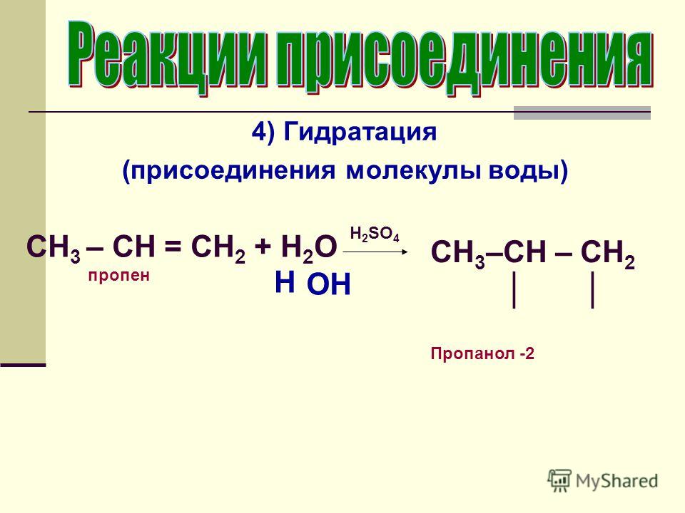 4) Гидратация (присоединения молекулы воды) CH 3 – CH = CH 2 + H 2 O пропен H 2 SO 4 H CH 3 –CH – СН 2 Пропанол -2 OH