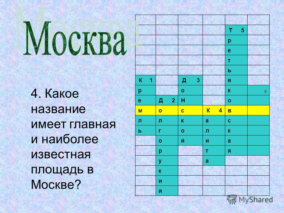 Т 5 р е т ь К 1 Д 3 я р о к 6 е Д 2Н о м о с К 4в л л к а с ь г о л к о й и а р т я у а к и й 4. Какое название имеет главная и наиболее известная площадь в Москве?
