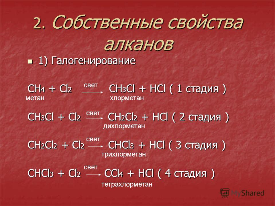 Галогенирование 1) Галогенирование CH 4 + Cl 2 CH 3 Cl + HCl ( 1 стадия ) C...