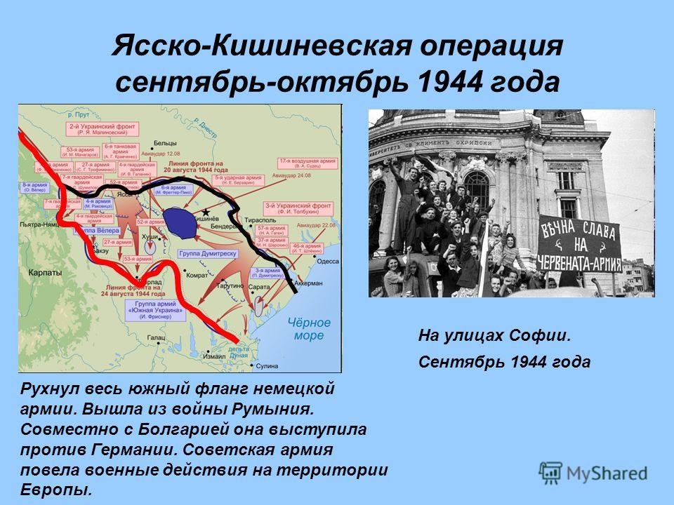 Ясско-Кишиневская операция сентябрь-октябрь 1944 года Рухнул весь южный фланг немецкой армии. Вышла из войны Румыния. Совместно с Болгарией она выступила против Германии. Советская армия повела военные действия на территории Европы. На улицах Софии. 