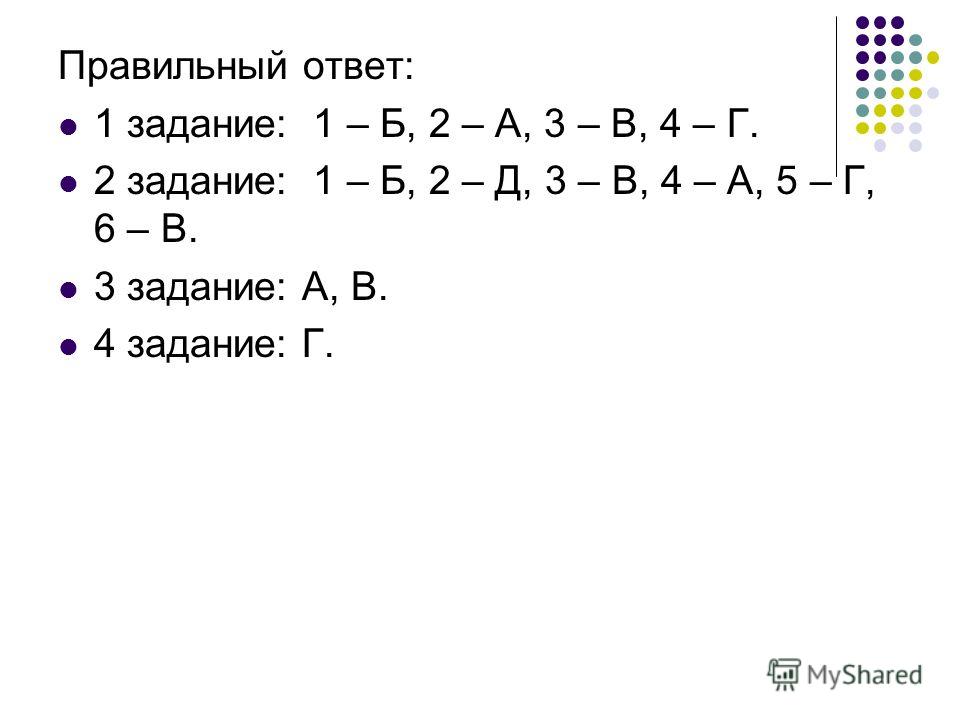 Правильный ответ: 1 задание: 1 – Б, 2 – А, 3 – В, 4 – Г. 2 задание: 1 – Б, 2 – Д, 3 – В, 4 – А, 5 – Г, 6 – В. 3 задание: А, В. 4 задание: Г.